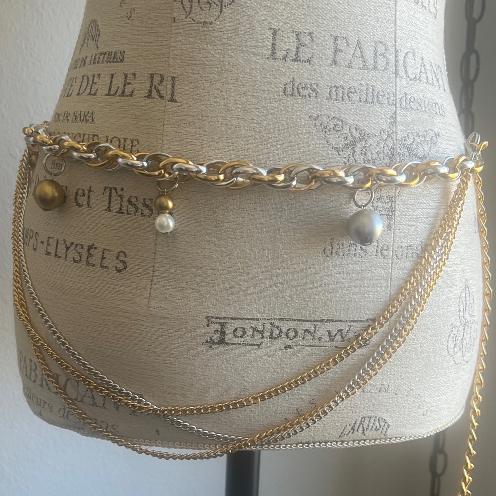 Vintage Gold & Silver Multi-Chain Waist Belt with Pearl Charms